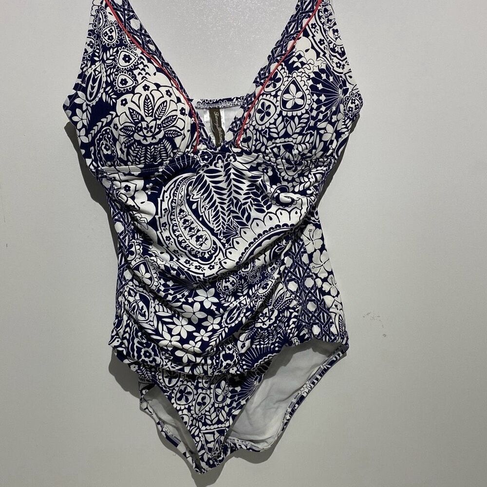 Tommy Bahama Navy White Paisley Floral Ruched One Piece Swimsuit Surplice V-Neck
